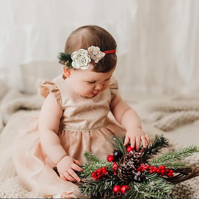 Baby Girl Flower Headbands for Christmas, 3pcs Elastic Nylon Floral Hair Band, Bows Wrap for Infant Newborn Toddler
