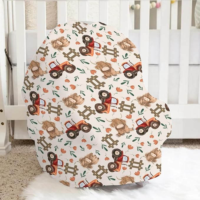 5-in-1 Unisex Farm Animals Floral Pattern Baby Carseat Stroller Cover for Boys Girls, Highland Cow Flower Tractor Infant Toddler Privacy Nursing Breastfeeding Canopy, Grocery Shopping Cart Cover-24x28