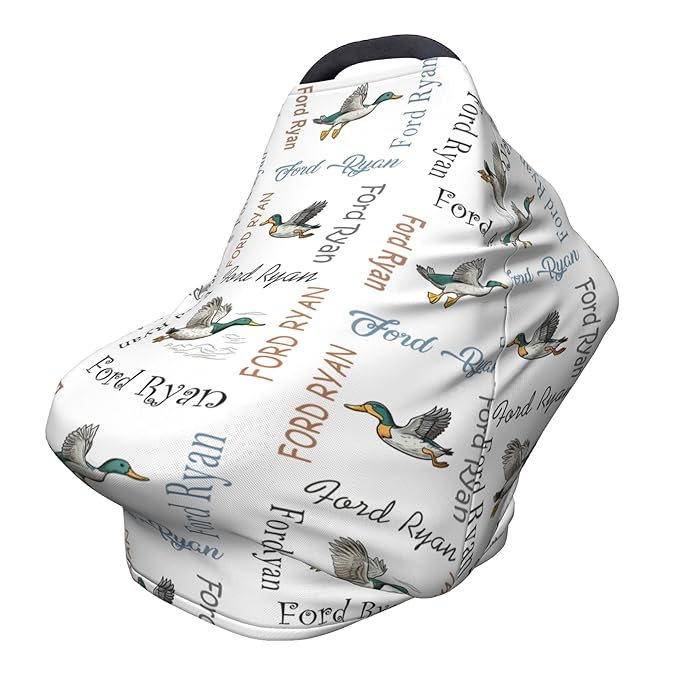 Personalized Car Seat Covers with Name, Mallard Duck Baby Canopy Carrier Cover, Breathable Breastfeeding Nursing Cover, Stretchy Multi-Use Infant Carseat Stroller Cover