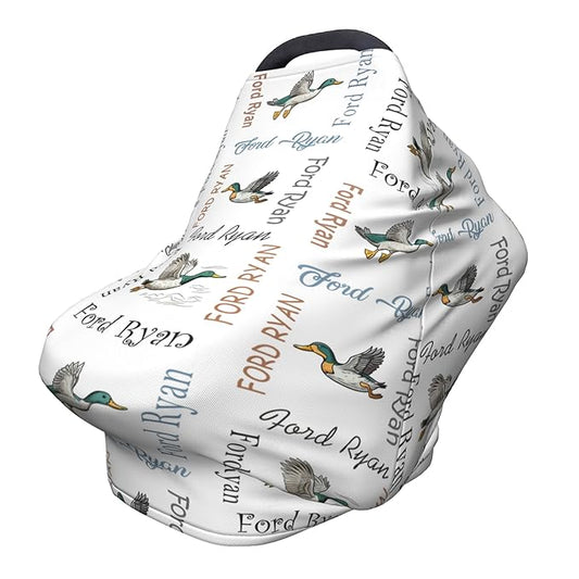 Personalized Car Seat Covers with Name, Mallard Duck Baby Canopy Carrier Cover, Breathable Breastfeeding Nursing Cover, Stretchy Multi-Use Infant Carseat Stroller Cover