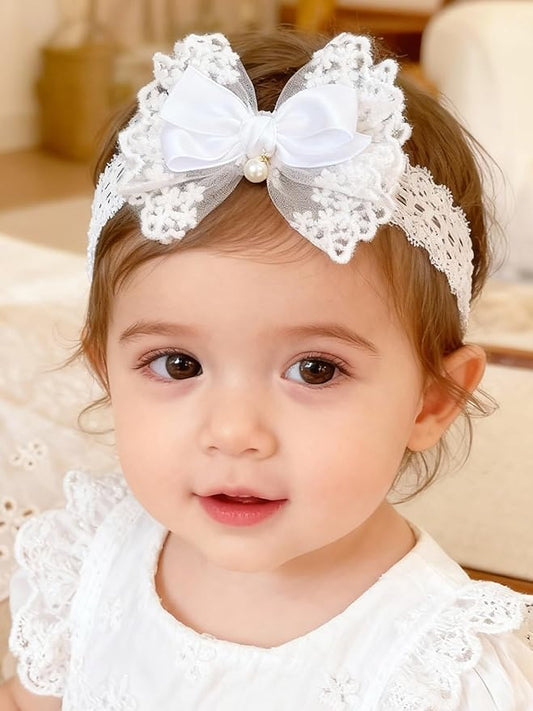 Baby Girls Headband White Bow Lace Headbands Soft Elastic Bowknot Hairbands Cute Hair Accessory for Newborn Kids Infant Toddler Baptism Birthday Party (Lace Pearl)