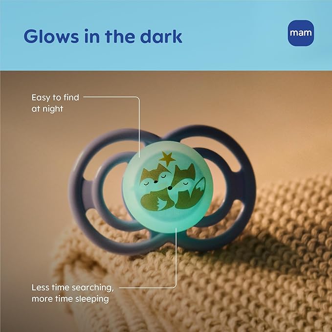 MAM Perfect Baby Pacifier 6-16 Months, Extra Thin Nipple, Developed with Orthodontists, Clinically Proven, Glows in The Dark, BPA-Free Silicone, Pack of 2, Made in Europe