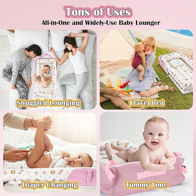 Baby Lounger for Newborn, Portable Infant Lounger for 0-24 Months Newborn, Home Travel Dual-Purpose Baby Nest (Animal World Pink)