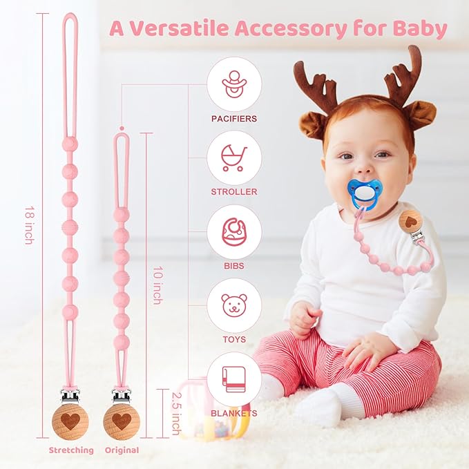 Silicone Pacifier Clip Holder for Baby Girls Boys, Christmas Baby Gifts 4-Pack One-Piece Soft Flexible Binky Clips Holder with Cute Texture, Anti-Loss Paci Clips for Birthday Baby Shower Essentials