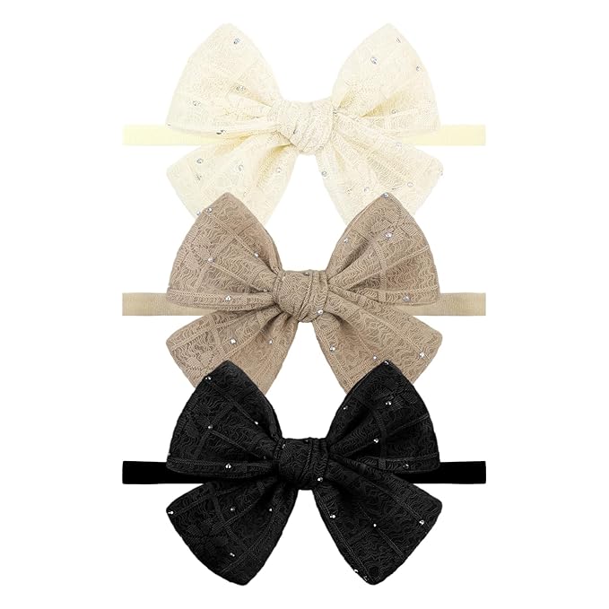 YanJie 3PCS 4’’ Lace Hair Bow for Girls Nylon Baby Headbands Rhinestone Black Beige Off White Bows Hair Accessories for Newborn Infant Toddler Girl