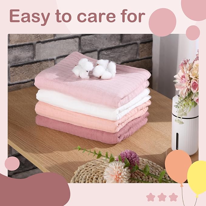 Peryiter 4 Pcs Muslin Hooded Baby Towels 32 x 32 Inch Cotton Newborn Bath Essentials Muslin Infant Blankets Absorbent Registry Gifts for Girl Boy Kids Baby Shower (Light Pink)