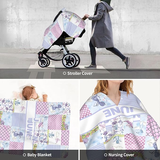 Personalized Baby Car Seat Canopy for Babies with Name, Custom Car Seat Covers for Girls, Flying Dragon Purple Nursing Breastfeeding Stroller Cover Infant Carseat Canopies for Newborn