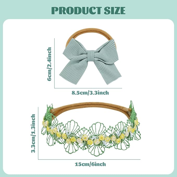 Dizila 6 Pieces Super Soft Stretchy Green Khaki White Baby Girl Nylon Bow Flower Headbands Floral Lace Headbands Hair Accessories for Newborns Infants Toddlers Girls Kids