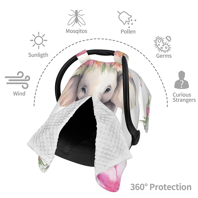 Personalized Baby Car Seat Canopy with Name Custom Minky Elephant Car Seat Covers Nursing Cover for Breastfeeding Multi-Use Cover Infant Carrier Carseat Winter Cover for Newborn Girls Boys