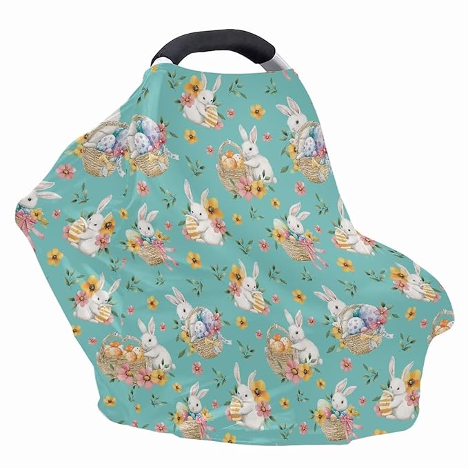 Wanyint Infant Car Seat Cover Stretchy Nursing Scarf Car Seat Canopy Shopping Cart Cover High Chair Cover Protect Babies Breastfeeding Mothers, Easter Rabbit Eggs Basket Flower Teal