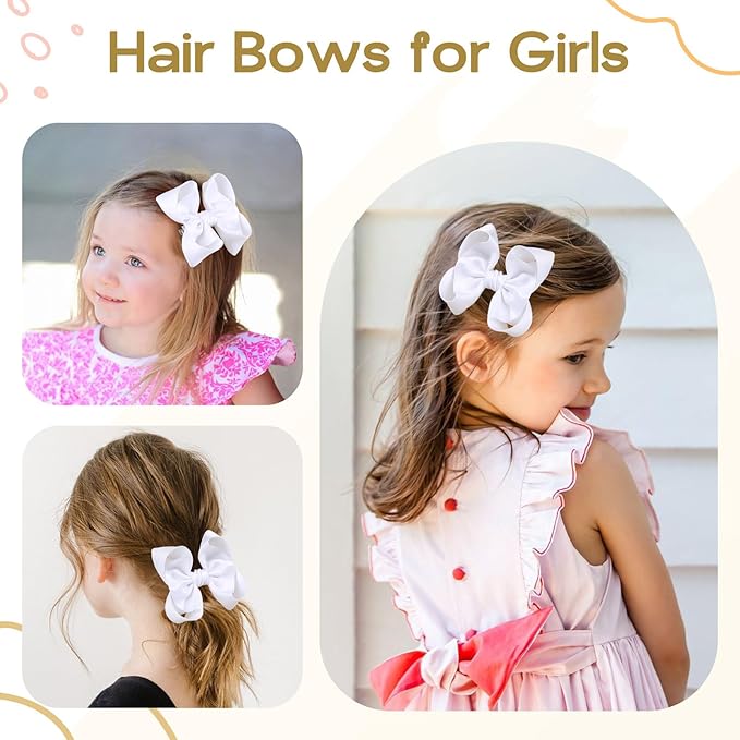 OAOLEER 2PCS 3.5inch Hair Bows for Girls，White Stain Ribbon Hair Bows Alligator Clips Hair Accessories for Back To School Teen Toddler Girls Kids (White)