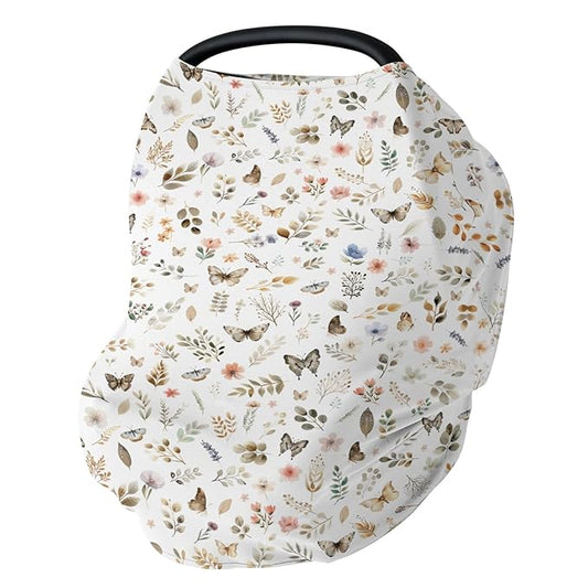 Botanic Gardens Baby Car Seat Covers Beige Floral Butterflies Stretchy 5-in-1 Cover Boho Spring Wildflowers Leaves Adjustable Infant Carseat Canopy Cover Breathable Nursing Cover-Up