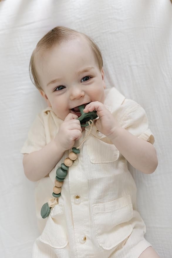 Silicone Pacifier Clip – Metal-Free, Rust-Free, 100% Food-Grade Silicone and Natural Beech Wood, Secure Pacifier Holder – Olive - Mila & Lulu