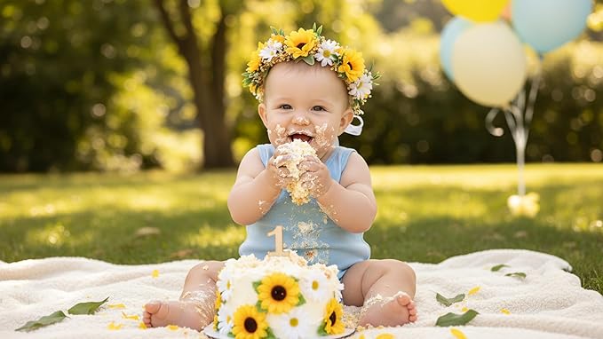 Sunflower Daisy Flower Crown for Toddler 1st Birthday Party Headpieces Midsummer Headband Baby Girls Hair Wreath Photo Prop Cake Smash Photography (Sunflower)