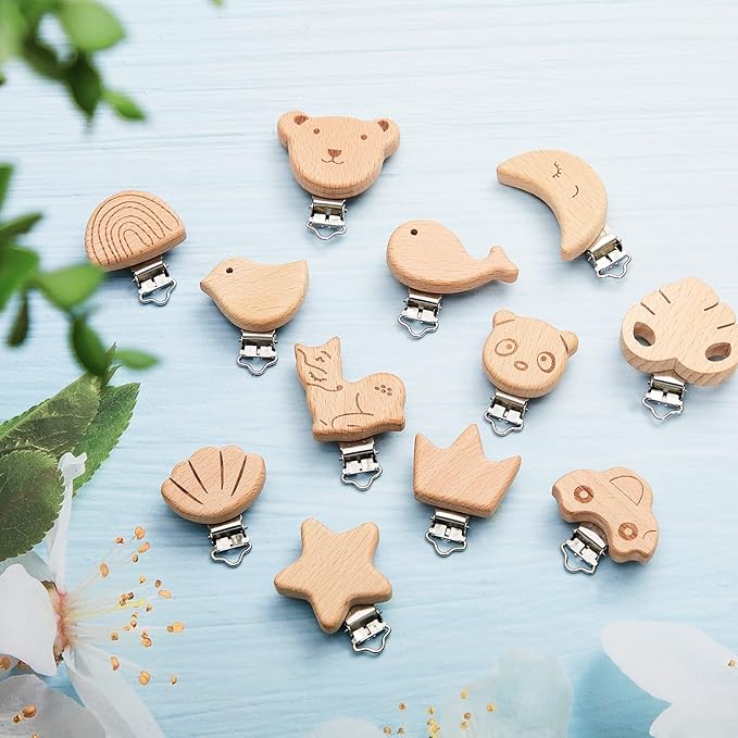 20 Pieces Wood Pacifier Clips Toy Suspender Clips Charm DIY Pacifier Holder for Baby Toddler Teething Grasping Accessory
