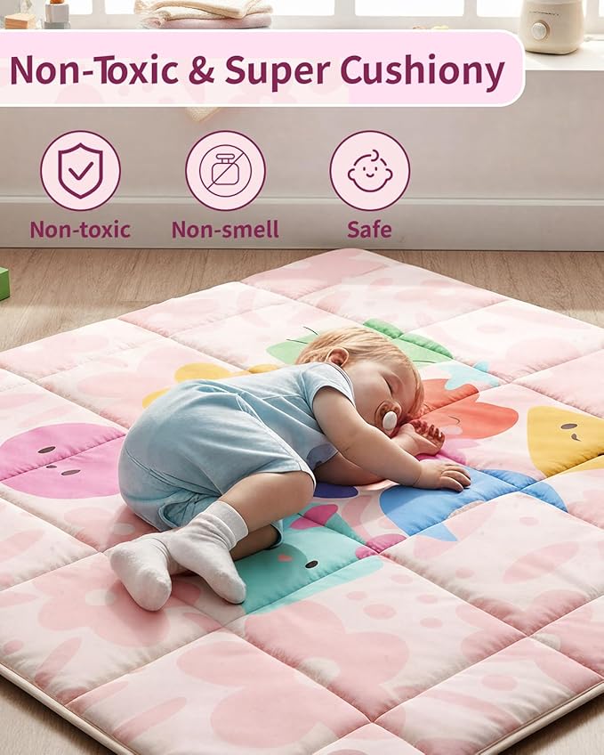 Baby Play Mat, Foldable Play Mats for Floor, 50x50 Inches Crawling Mat for Playpen with Anti-Slip Bottom, Machine Washable, Thicken Padding Foam Playmats for Babies and Toddlers (Pink Floral)