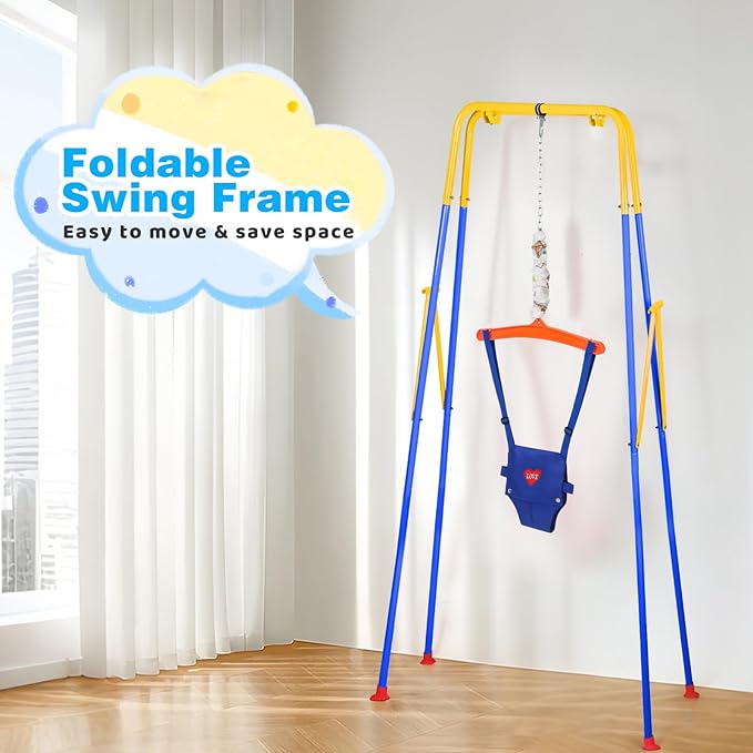 Baby Jumper, Indoor&Outdoor Baby Bouncer, Infant Jumper with Adjustment Strap for Boys Girls, Exercise Saddle Seat for Backyard, Easy to Assemble & Store (Blue)