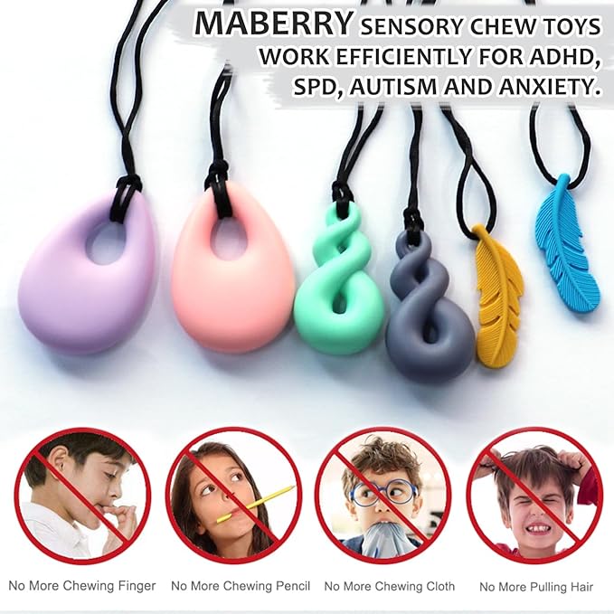 Chew Necklaces for Sensory Kids Boys Girls, 6 Pack Silicone Sensory Chewy Necklace Mouth Fidgets Chewing Necklace for Kids Adults with Autism Anxiety ADHD, BPA Free