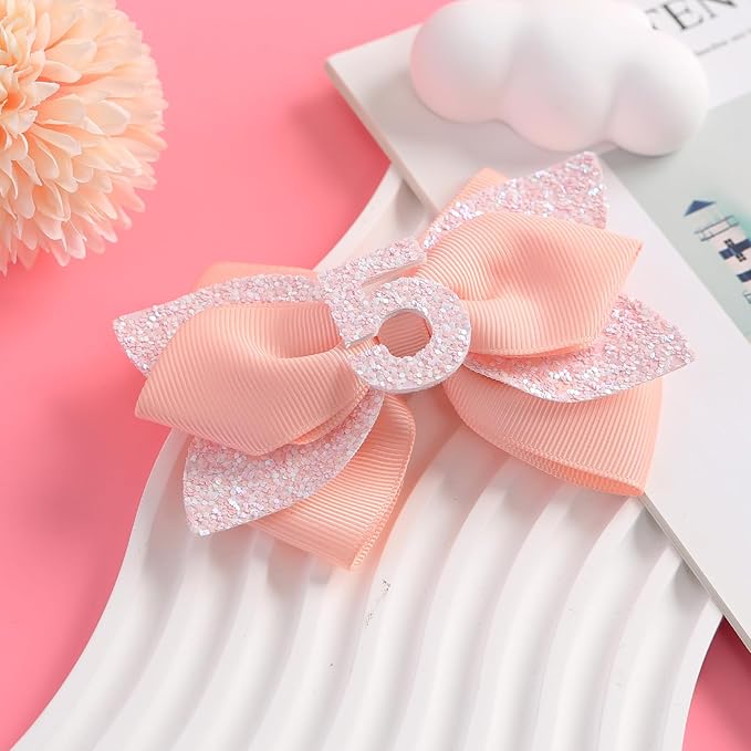 Glitter Birthday Hair Bow for Baby Girls 1 2 3 4 5 6 Years Peach Party Decoration Hair Accessories for Five 5th Birthday