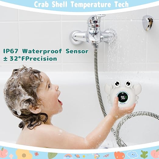 Baby Bath Thermometer Crab Toy - Digital Floating Water Thermometer with LED Display & Color Alerts for Infants, Cute Bath Tub Sensor & Safe Bath Time Essential Toy