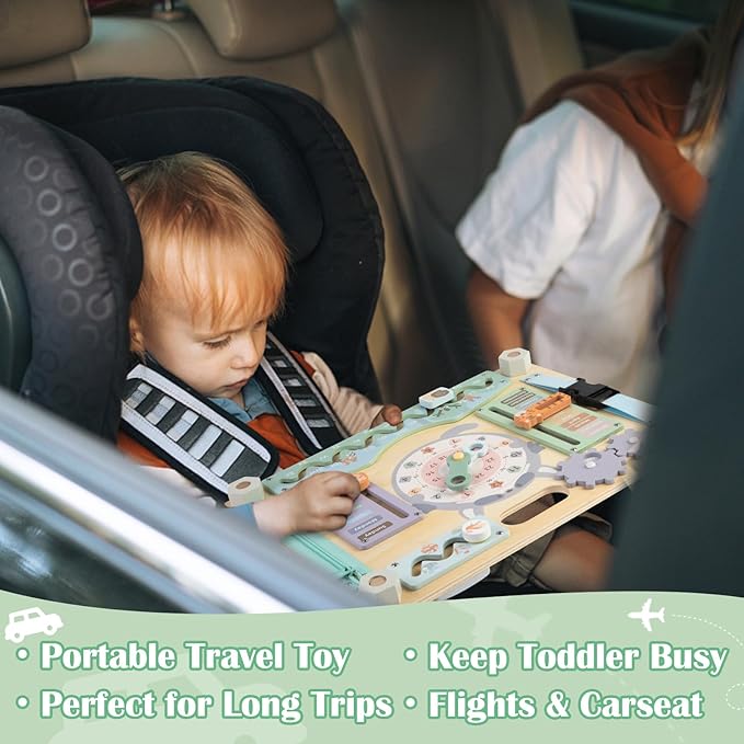 Double-Sided Wooden Busy Board for Toddlers, Sensory Activity Board, Montessori Travel Toy for Kids, Educational Toy for Autism, Ideal Choice for Baby Girls or Boys Birthday