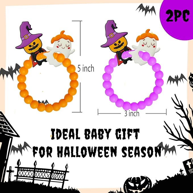 BIGSPINACH Halloween Teething Ring, Silicone Baby Teether with Witch and Cat Design, BPA-Free Infant Teething Toy, Easy to Hold,Safe for Babies and Toddlers (Colorful, Spooky Scarecrow) 2PC