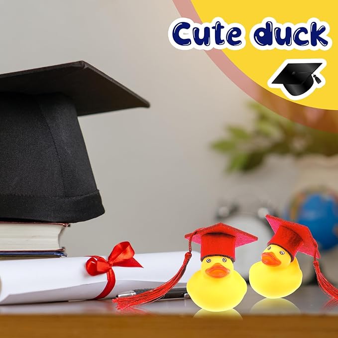 Lenwen 24 Pcs Graduation Rubber Ducks with Grad Cap Mini Rubber Duckies Gifts Bulk for Graduation Party Favors Decoration(Red Grad Hat)
