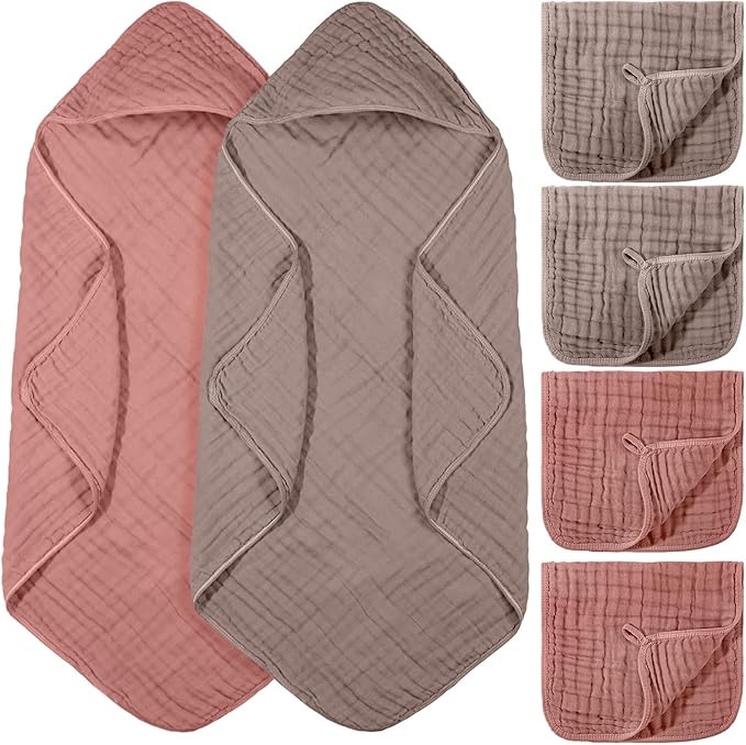VitalCozy 6 Pcs Baby Muslin Hooded Bath Towels and Washcloths, Muslin Hooded Baby Towels Absorbent Blankets for Gift Newborn Infant Shower (Brown,Burnt Orange)