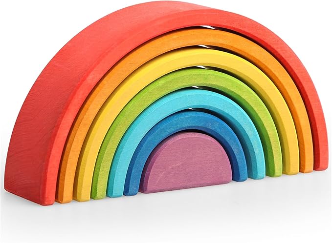 AVDAR 7Pcs Wooden Rainbow Stacker Toy, Montessori Nesting Puzzle for Kids, Rainbow Blocks