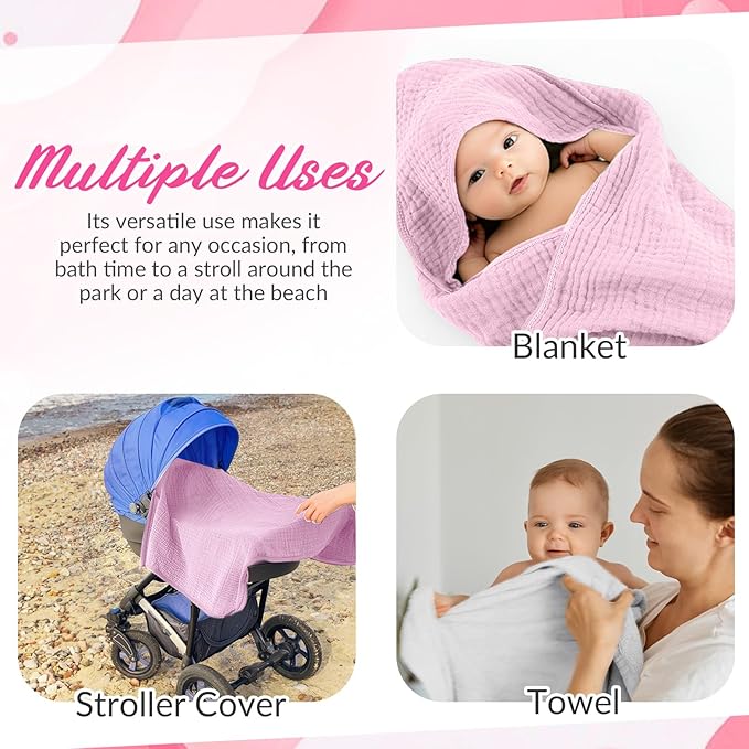 Hahafelt 6 Pcs Muslin Hooded Bath Towels Washcloths and Bibs Set, Muslin Cotton Baby Towels Absorbent Hooded Blanket Towel Infant Bibs for Boys Girls Newborn Infant Essential(White, Pink)