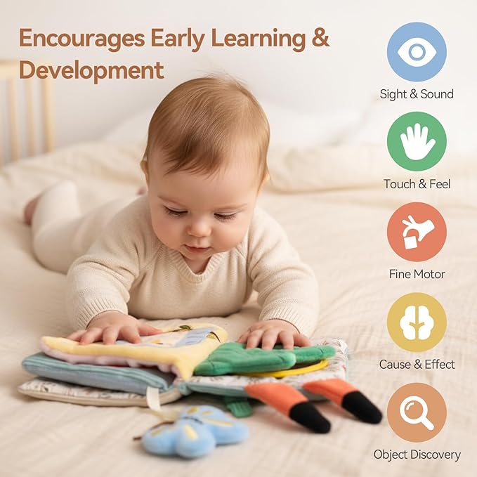 Montessori Soft Baby Book - Sensory Book for Babies 0-12 Months with Crinkle Paper, Touch & Feel Textures, Baby Safe Mirror & Teether. Educational Infant Toys for Tummy Time, Newborn