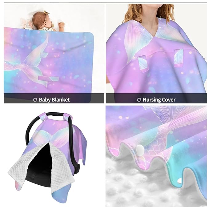 KiuLoam Mermaid Fish Tail Baby Car Seat Canopy, Nursing Cover Breastfeeding Scarf, Stretchy Soft Breathable Infant Carseat Cover for Babies Boys Girls