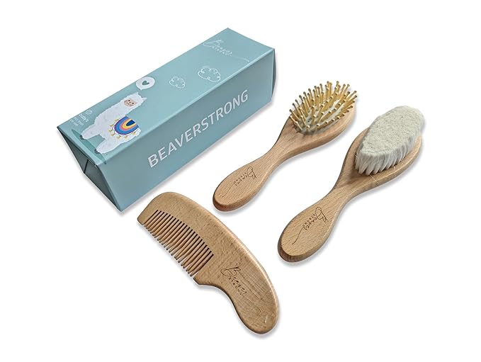 Gentle Care Wooden Baby Hair Brush and Comb Set by BeaverStrong - 2 Brushes and 1 Comb for Newborns - Soft Bristles, Safe and Natural - Perfect for Delicate Infant Hair and Scalp