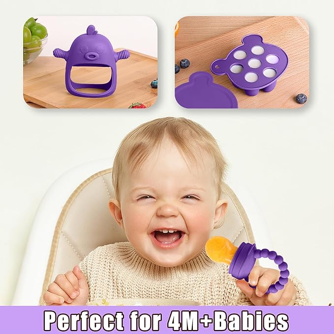 6-in-1 Baby Fruit Feeder Pacifier & Baby Food Feeder Set – Silicone Breastmilk Popsicle Mold with Freezer Tray, Teething Relief Toy, BPA Free Infant Feeder, 3 Sizes (S/M/L) Sacs (Purple)