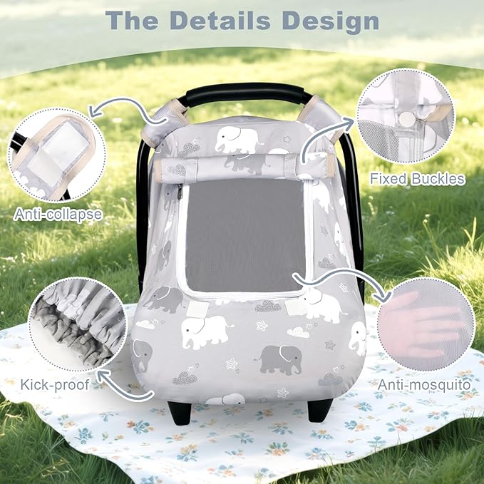 Windproof Baby Car Seat Cover, 3D Mink Dot Infant Car Seat Canopy with Breathable Mesh Window, Baby Carrier for All Seasons, Easy Access Carseat Covers Snug Fit Infant Stroller(Elephant)