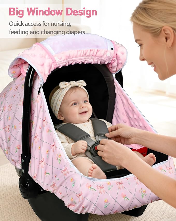 Car Seat Cover Baby Girls, Infant Carseat Covers with Mesh, Dual-Layer Protection for Summer Winter, Easy Access Newborn Canopy Breathable, Windproof & Fit Baby Stroller, Flower Bow