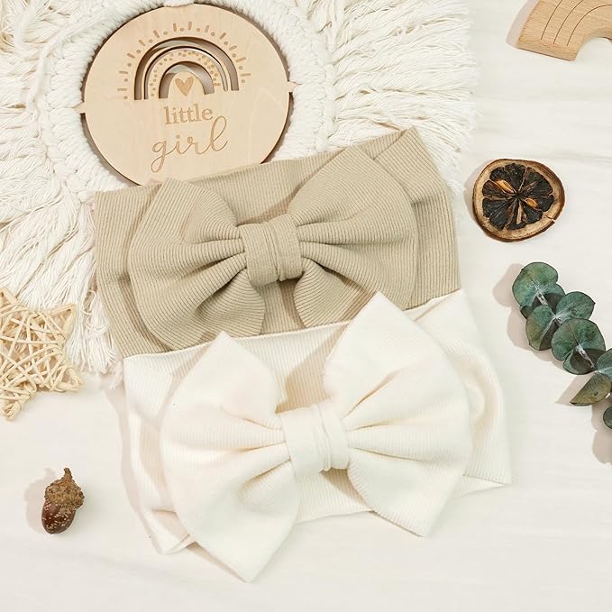 JOYOYO 3 Pcs Soft Wide-Knit Baby Headbands with Large Bow Hair Accessories for Newborn, Infant, Toddler, Kids（Beige Khaki Pink）