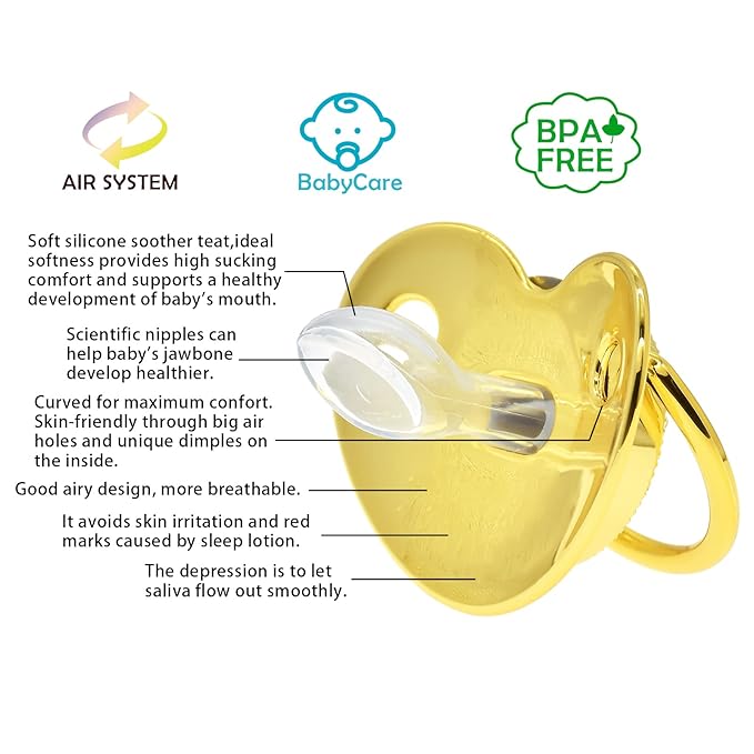 Bling Personalized Golden Baby Pacifier with Pacifier Clips and Anti-dust Cover A-Z 26 Letters(Gold,N)