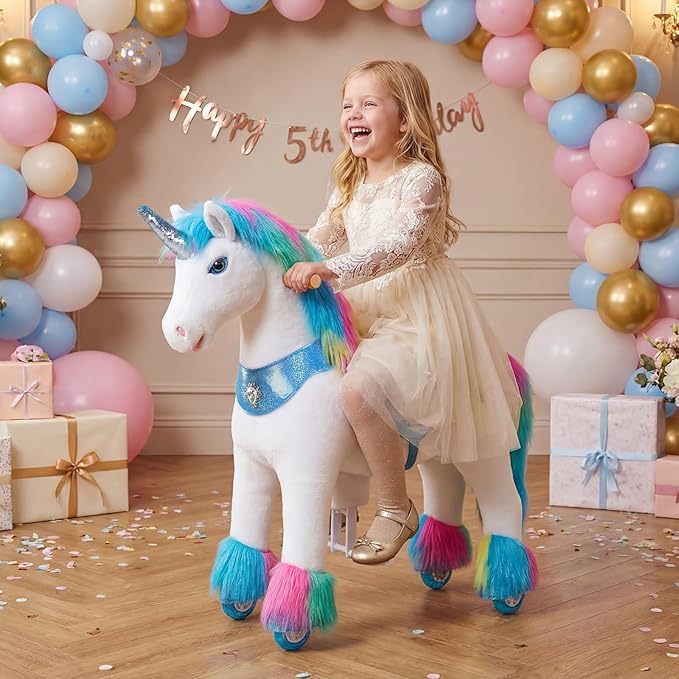 PonyCycle Rainbow Ride-on Unicorn Walking Pony Riding Horse Ride on Toy Advanced Model Y with Saddle Size 4 for Kids Ages 4-7, Indoor Outdoor with Wheels for Children Y454