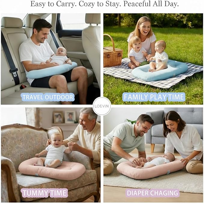 Baby Lounger for Newborn,Baby Nest for Newborn Soft Cotton Breathable for Playtime & Relaxation,Flat Babies Essentials Gifts Newborn Lounger for Boys & Girls 0-12 Months(Pink Bean)