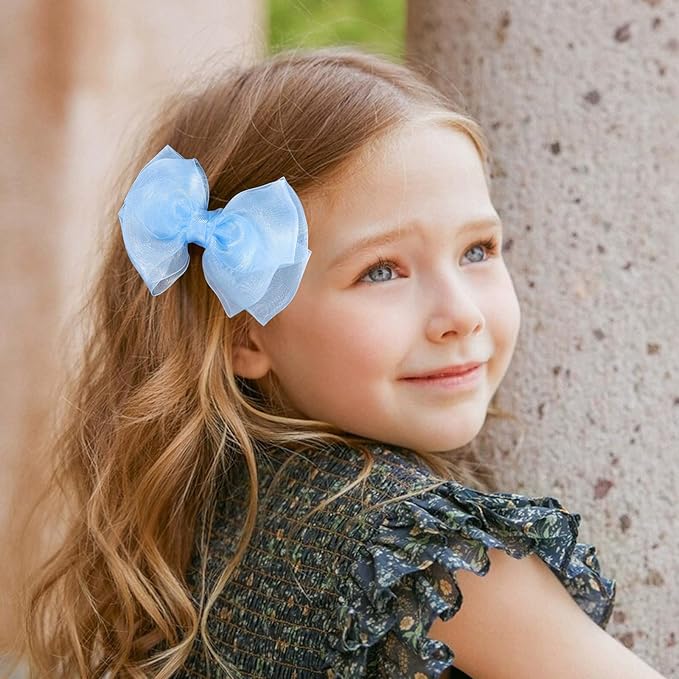 Blue Ribbon Hair Bows 4" Mesh Organza Hair Bow Alligator Clips Barrettes Ponytail Holder Decor Accessories for Women Girls Toddlers Teens Kids Children Back School Gift Set