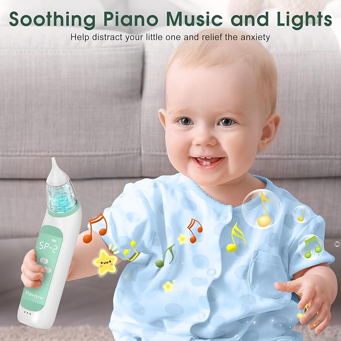 Electric Nose Suction for Baby,Baby Nose Aspirator with 3 Suction Levels and 3 Silicone Tips Fit 0-24 Months Infant ,Soothing Music & Light Distracts Help Toddler During Sick Days,Green.