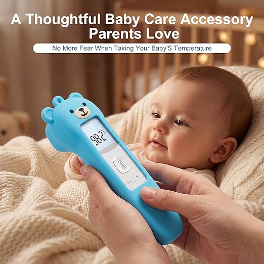 Cute Bear Silicone Thermometer Case Compatible with GoodBaby No-Touch Thermometer, Soft Anti-Drop Protective Cartoon Animal Cover Helps Calm Babies During Temperature Checks - Blue