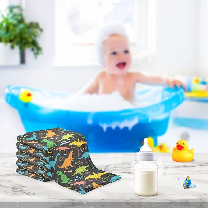 vvfelixl Baby Washcloths Cotton Colored Dino Dinosaurs Baby Muslin Washcloths Soft Baby Face Towel for Newborn Infants, 11.8 X 11.8 Inch, 5 Pack Black