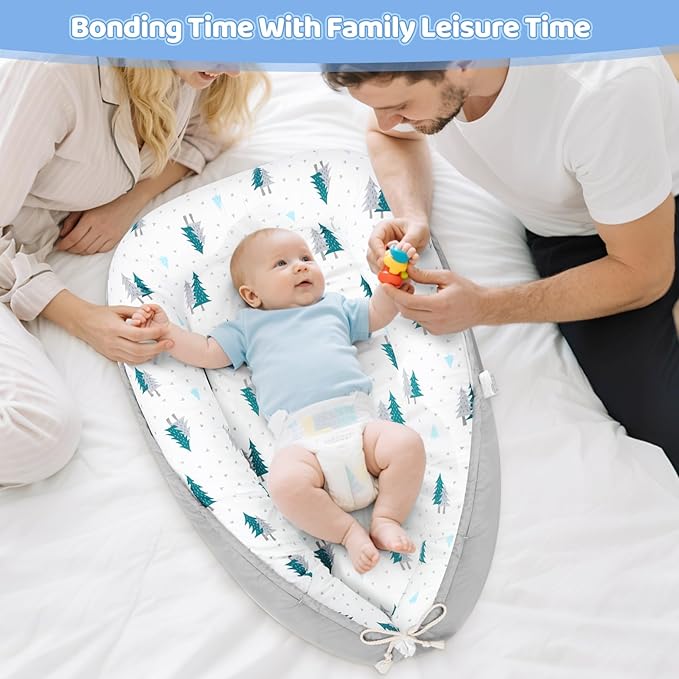Baby Lounger for Newborn,0-12 Months,Soft Infant Lounger Pillow for Home and Travel, Baby Protable Nest Lounger with Cover,Multi-Use Baby Lounger for Supervised Play&Tummy Time(Tree)