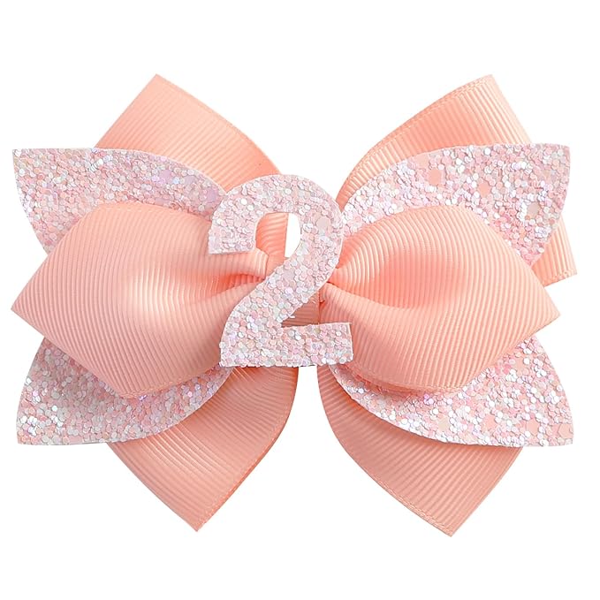 Glitter Birthday Hair Bow for Baby Girls 1 2 3 4 5 6 Years Peach Party Decoration Hair Accessories for Two 2nd Second Birthday