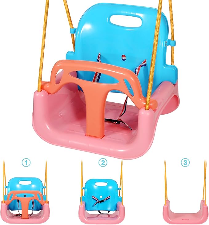 RedSwing 3-in-1 Baby Swing Seat, Toddler Swings, Anti-Flip Snug & Secure Detachable Infants to Teens Kids Swing Seat for Outside Playground, Pink Orange Blue