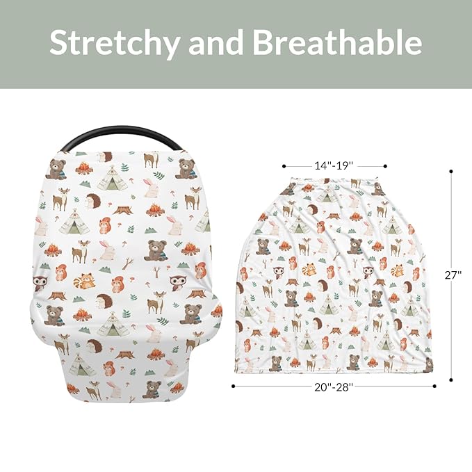 Camping Animals Car Seat Cover for Baby Bear Deer Raccoon Squirrel Bunny Hedgehog Owl Stretchy 5-in-1 Cover Adjustable Car Canopy Breastfeeding Cover Wildlife Breathable Nursing Cover-Up