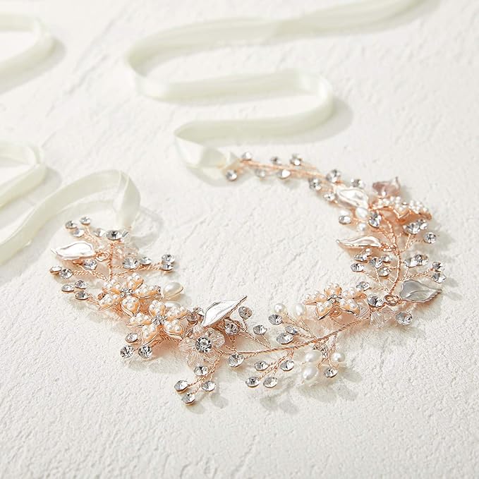 SWEETV Flower Girl Headband for Wedding, Baby's Breath Hair Piece, Rose Gold Headpiece for Birthday Party, Photography