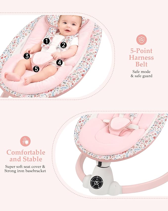 Baby Swing for Infants, Electric Baby Swing with Bluetooth, Portable Infant Swing with 5 Speeds, 10 Lullabies, 5-Point Harness & Remote Control, for Newborns Infants Indoor Outdoor Use (Pink)